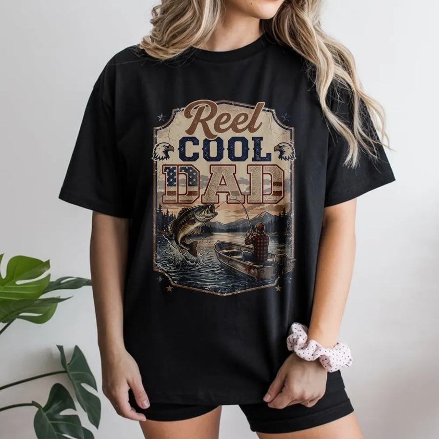 Reel Cool Dad Fishing T-Shirt | Vintage American Flag Bass Graphic | Premium Cotton Blend | Father's Day Gift for Fisherman Dad
