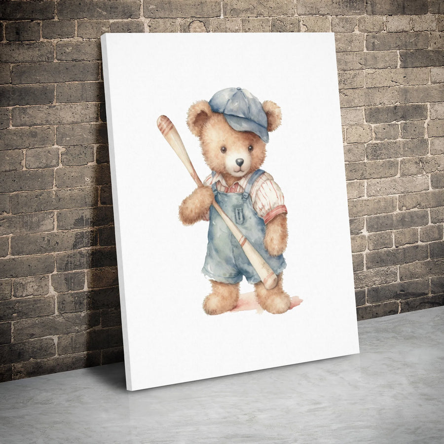 Watercolor Baseball Teddy Bear Canvas Wall Art | Cute Nursery Sports Decor | Premium Gallery Wrap | Gift for Boys Room