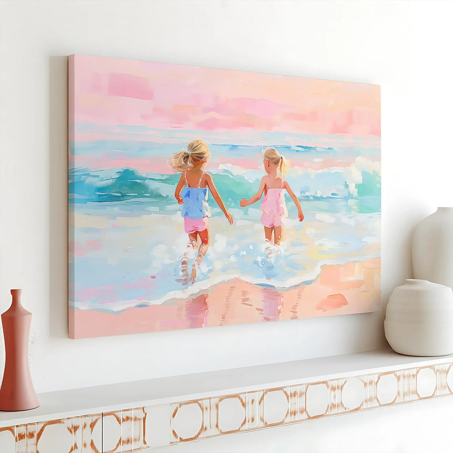 Sisters on Beach Canvas Print | Pastel Ocean Seascape Painting | Premium Gallery Quality Art | Coastal Nursery Wall Decor Gift