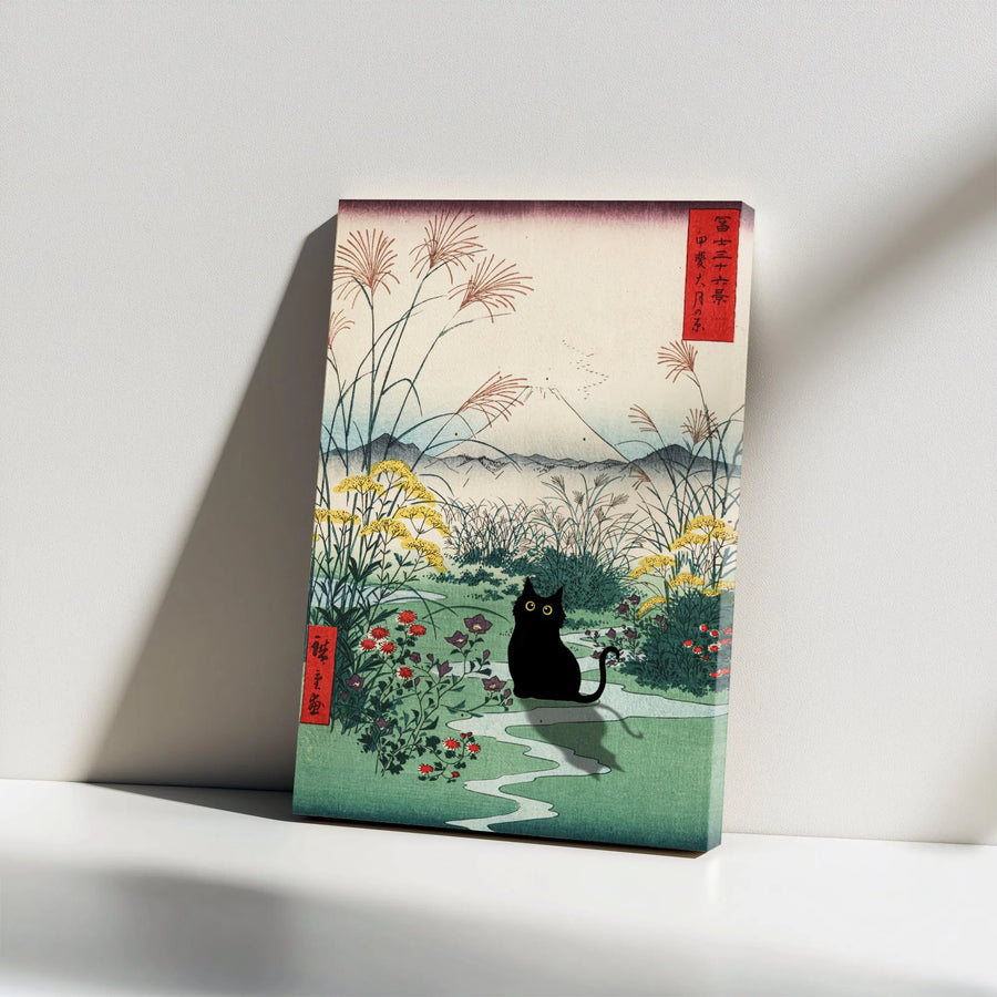 Japanese Black Cat Canvas Wall Art | Vintage Ukiyo-e Woodblock Style Print with Mt Fuji | Premium Thick Gallery Canvas | Collector's Gift for Cat Lovers
