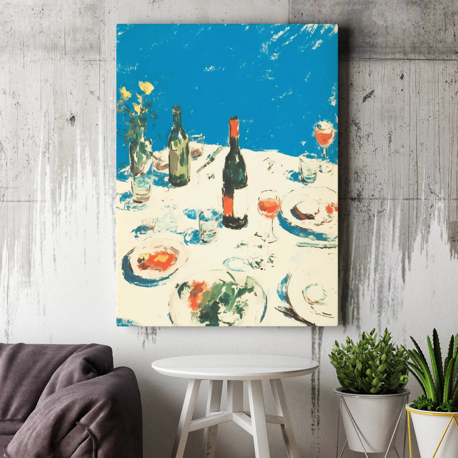 Abstract Dining Table Canvas Print | Mediterranean Wine and Floral Art | Gallery-Wrapped Premium Quality | Modern Kitchen and Dining Room Decor