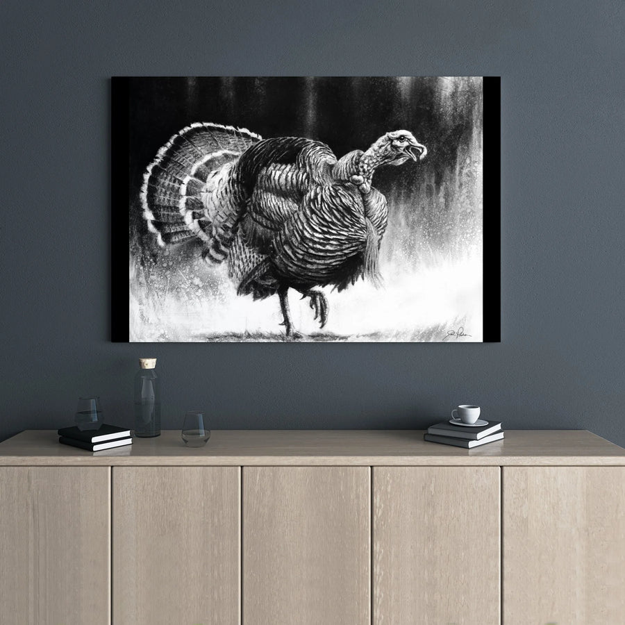 Wild Turkey Canvas Print | Realistic Charcoal Drawing Wildlife Art | Premium Gallery Wrap Wall Decor | Thanksgiving Rustic Home Gift