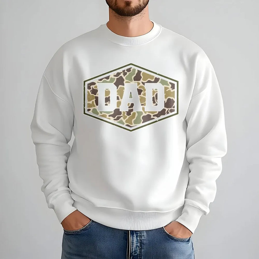 Duck Camo Dad Shirt | Retro Varsity Graphic Tee with Distressed Camouflage | Premium Cotton | Father's Day Gift for Hunter Dad
