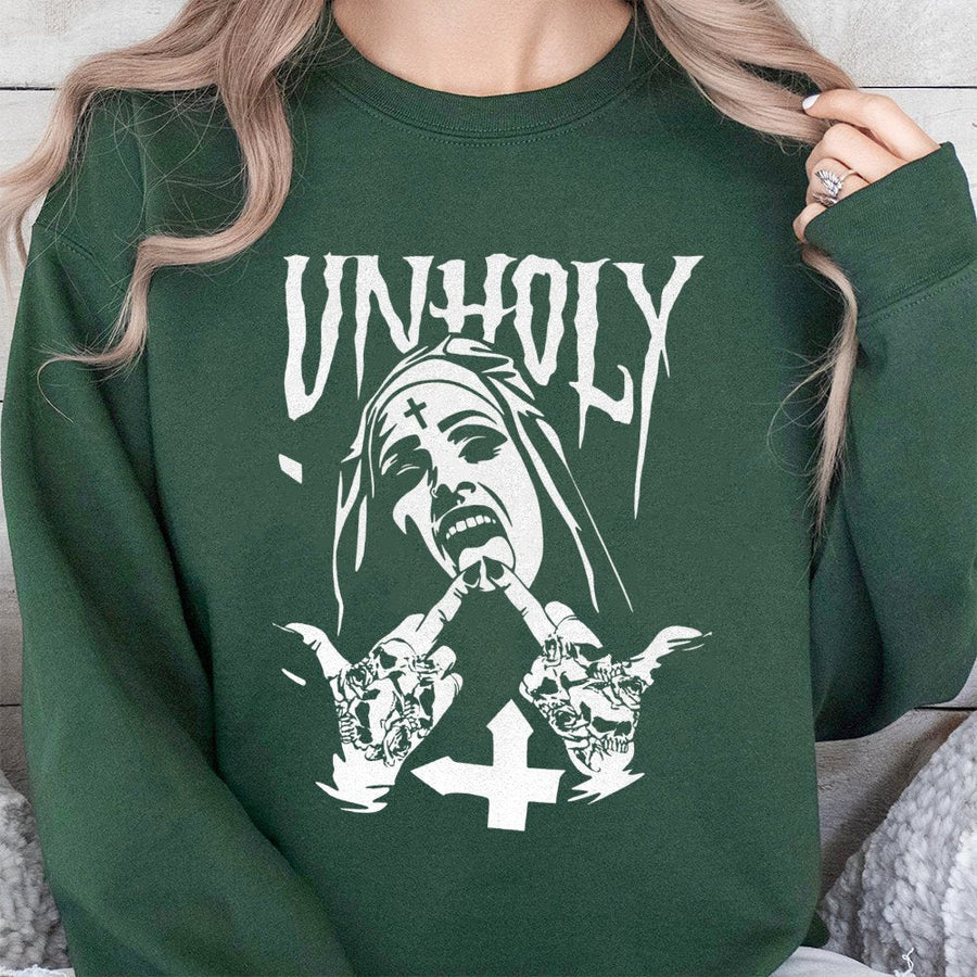 Unholy Nun Graphic Sweatshirt | Edgy Gothic Skull Aesthetic | Premium Cotton Blend | Alternative Y2K Grunge Gift For Women And Men