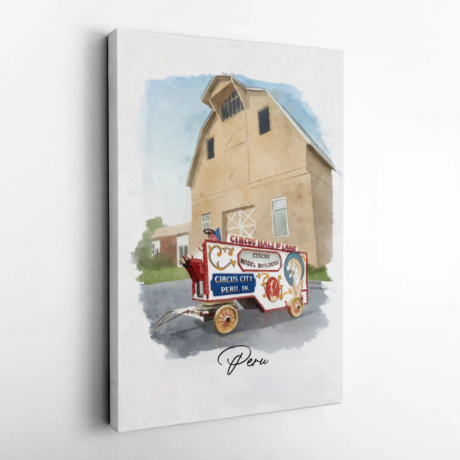 Circus Wagon Watercolor Canvas Art | Vintage Circus City Peru Indiana Illustration | Gallery Wrapped Premium Print | Nostalgic Americana Decor Gift