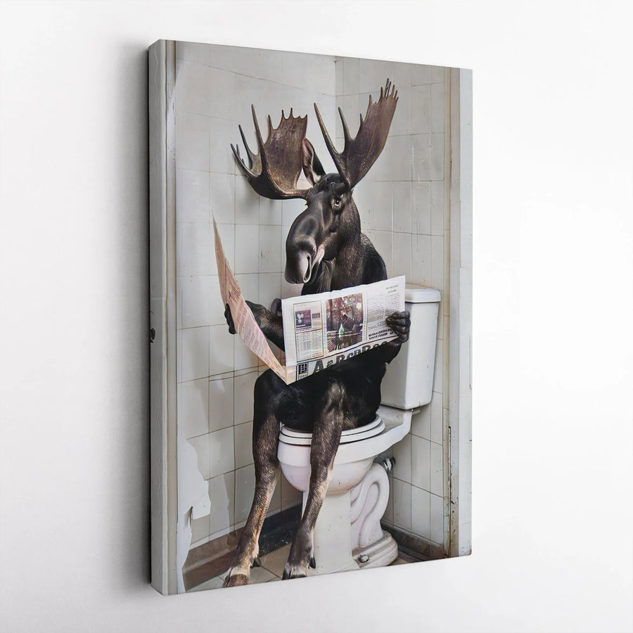 Funny Moose Bathroom Wall Art | Quirky Animal Reading Newspaper Print | Premium Gallery Wrapped Canvas | Humorous Home Decor Gift