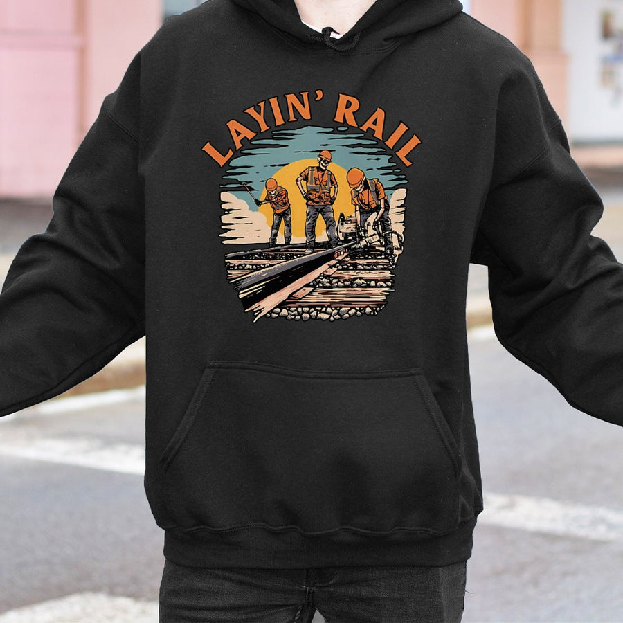 Railroad Worker Hoodie | Layin' Rail Vintage Track Crew Graphic | Premium Cotton Blend Sweatshirt | Gift for Train Conductor & Railway Engineer