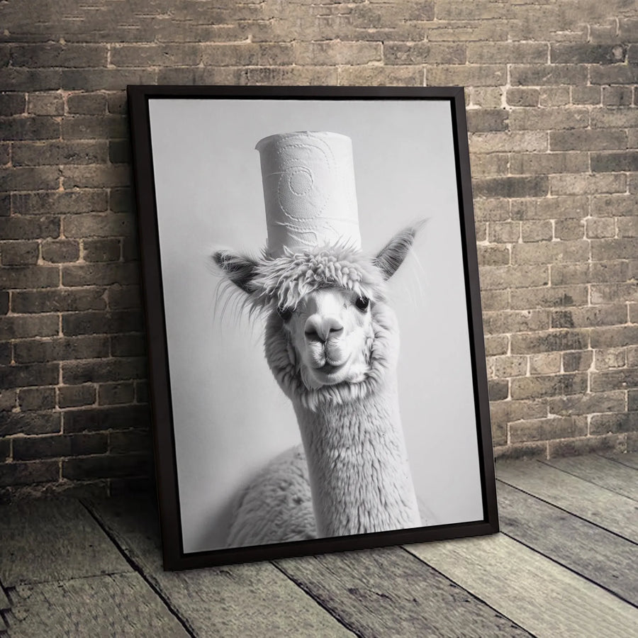 Funny Alpaca Bathroom Wall Art | Quirky Llama with Toilet Paper Roll Hat | Premium Gallery Canvas | Humorous Home Decor Gift for Animal Lovers