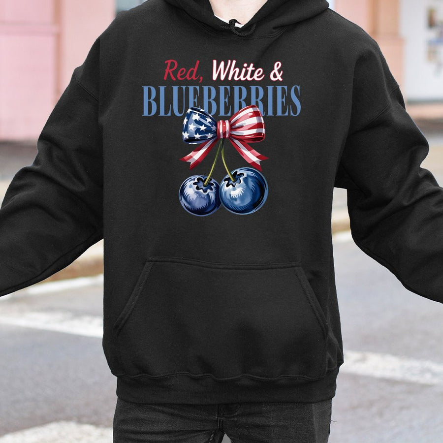 Red White and Blueberries Hoodie | Patriotic American Flag Bow Design | Premium Cotton-Blend | 4th of July Gift for Women and Men