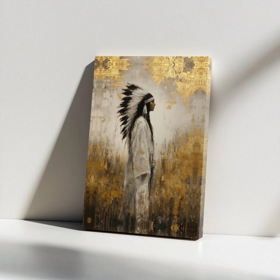 Native American Woman Canvas Art | Abstract Gold Foil Portrait | Premium Gallery Canvas | Collector's Western Home Decor Gift