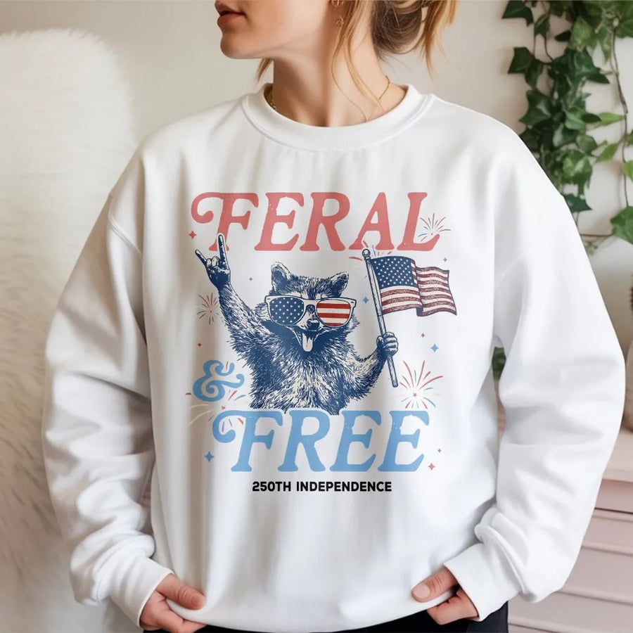 Funny Raccoon 4th of July Shirt | Feral and Free Vintage Graphic | Soft Cotton USA 250th Anniversary Tee | Sarcastic Patriotic Gift for Men Women