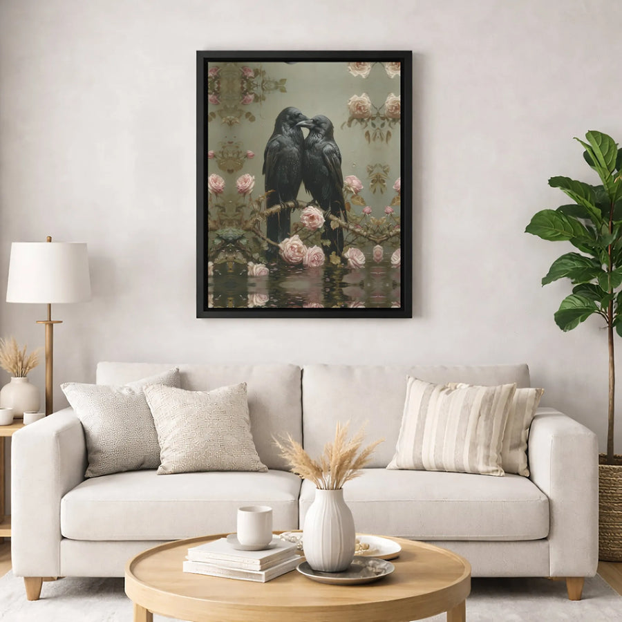 Gothic Raven Wall Art | Romantic Two Crows With Pink Roses | Premium Gallery Canvas | Dark Academia Home Decor Gift