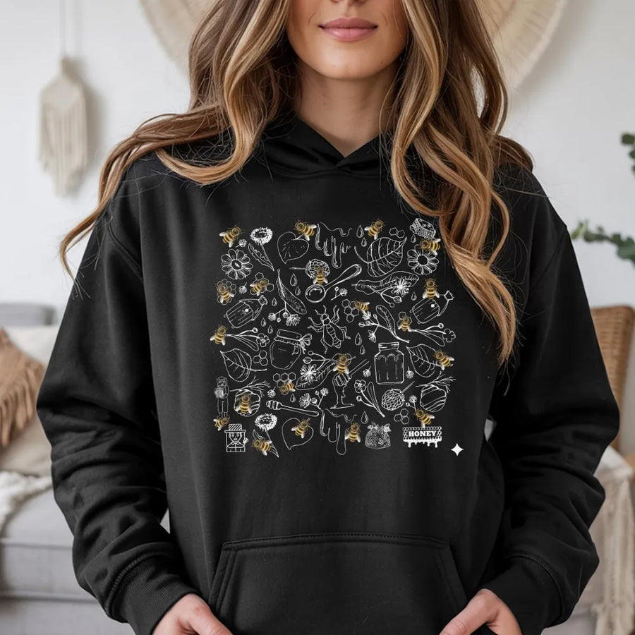 Botanical Bee Hoodie | Vintage Honeycomb Doodle Print | Soft Cotton Blend Pullover | Gift for Nature Lover