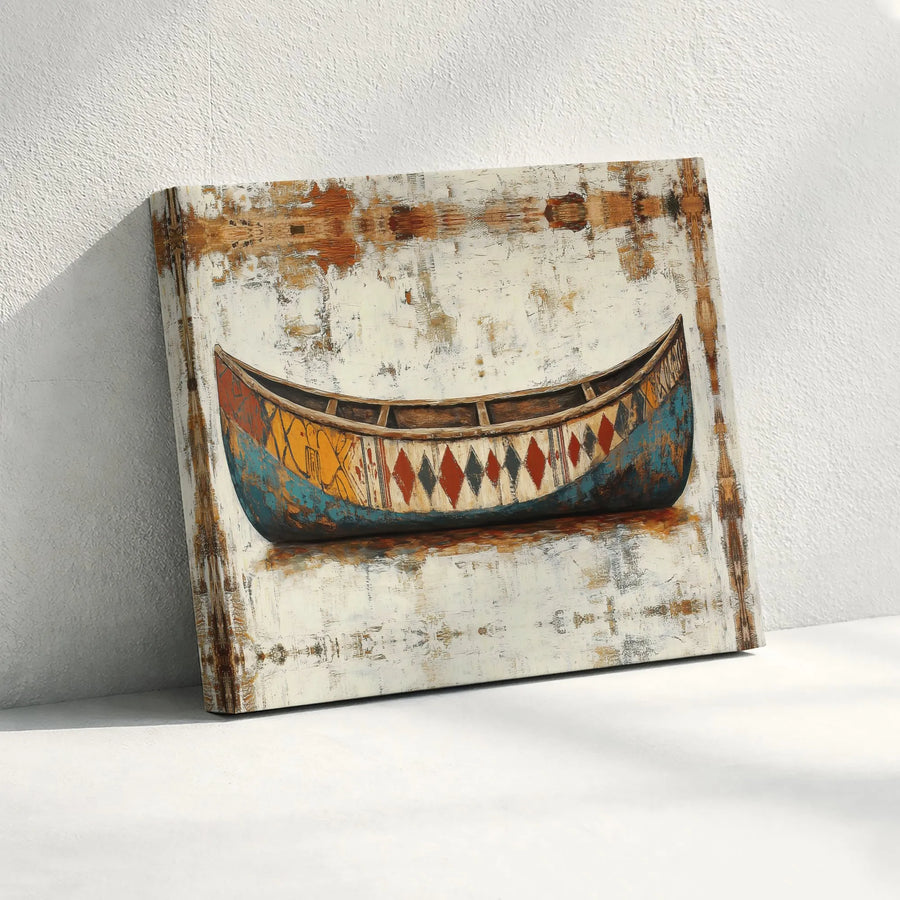 Rustic Canoe Wall Art | Indigenous Inspired Geometric Design | Premium Canvas Print | Rustic Cabin & Lake House Decor