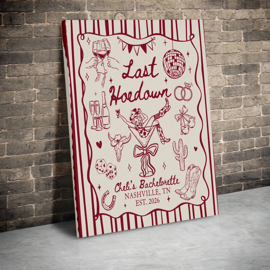 Last Hoedown Western Bachelorette Vertical Canvas | Retro Cowgirl Disco Line Art Design | Premium 1.25 Inch Gallery Wrap Wall Art | Fun Bride to Be Keepsake Gift