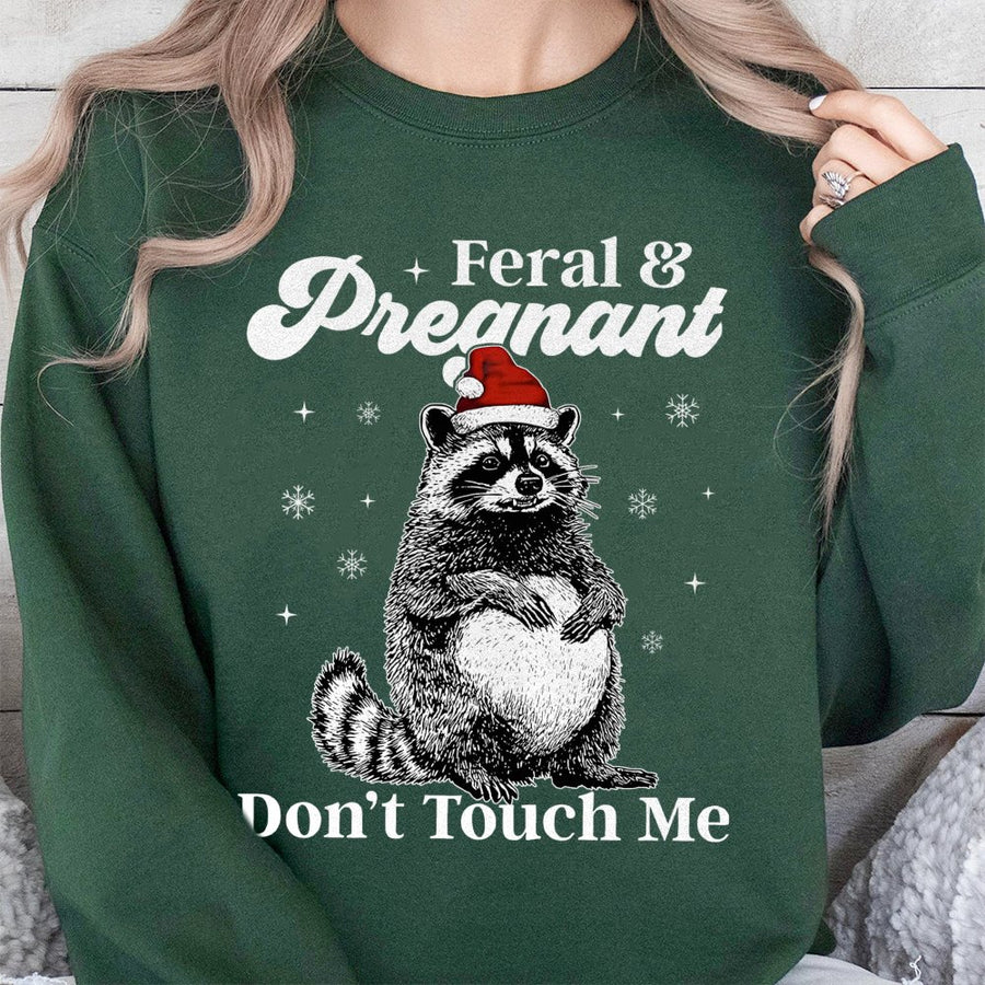 Feral and Pregnant Raccoon Sweatshirt | Funny Christmas Maternity Graphic | Soft Cotton Blend | Unique Gift for Expecting Mom