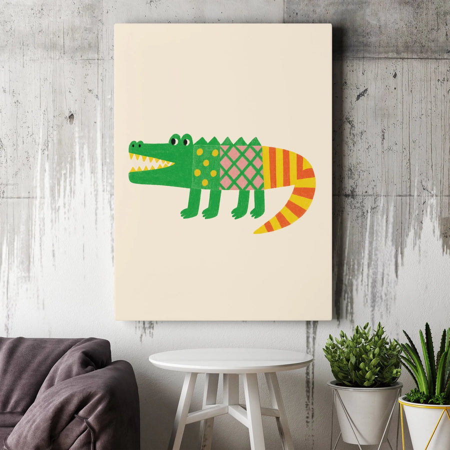 Colorful Alligator Canvas Art | Playful Patterned Crocodile Illustration | Premium Canvas Print | Nursery & Kids Room Decor Gift