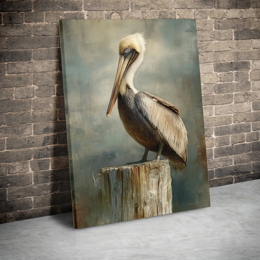 Pelican Vertical Canvas | Coastal Bird on Pier Post Painting | Premium Gallery Wrapped Wall Art | Beach House & Nautical Decor Gift