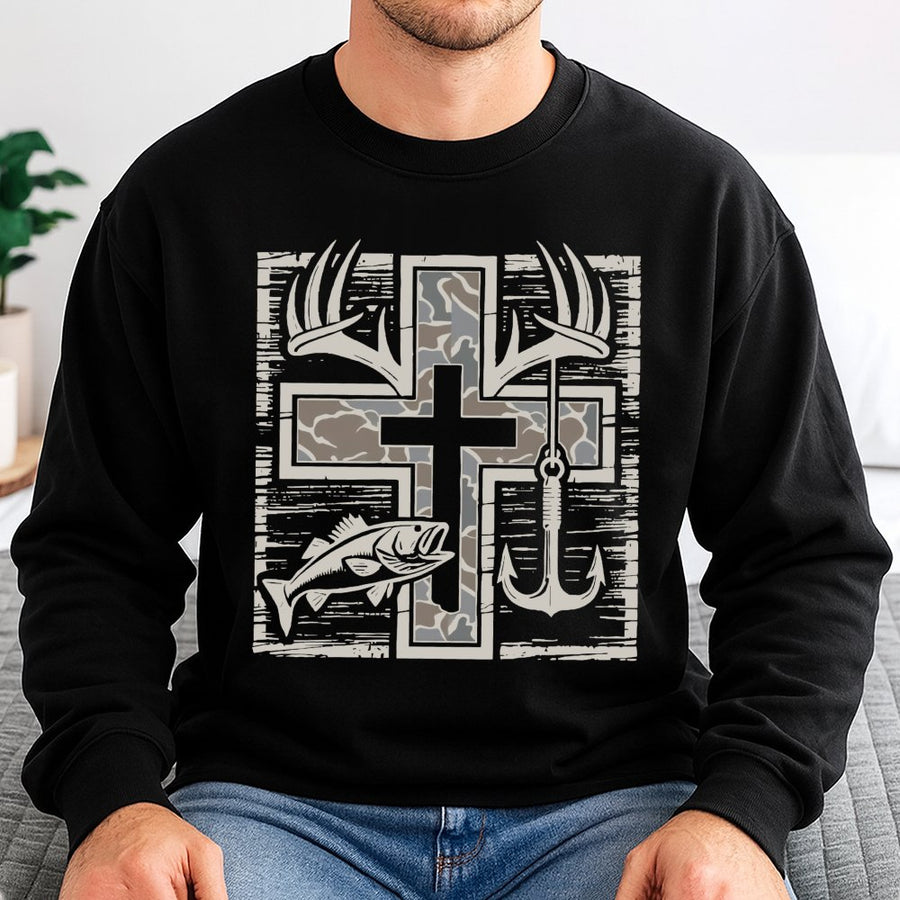 Camo Cross Hunting Fishing Sweatshirt | Deer Antlers and Fish Hook Graphic | Premium Cotton Blend | Faith-Based Outdoor Gift for Men and Women