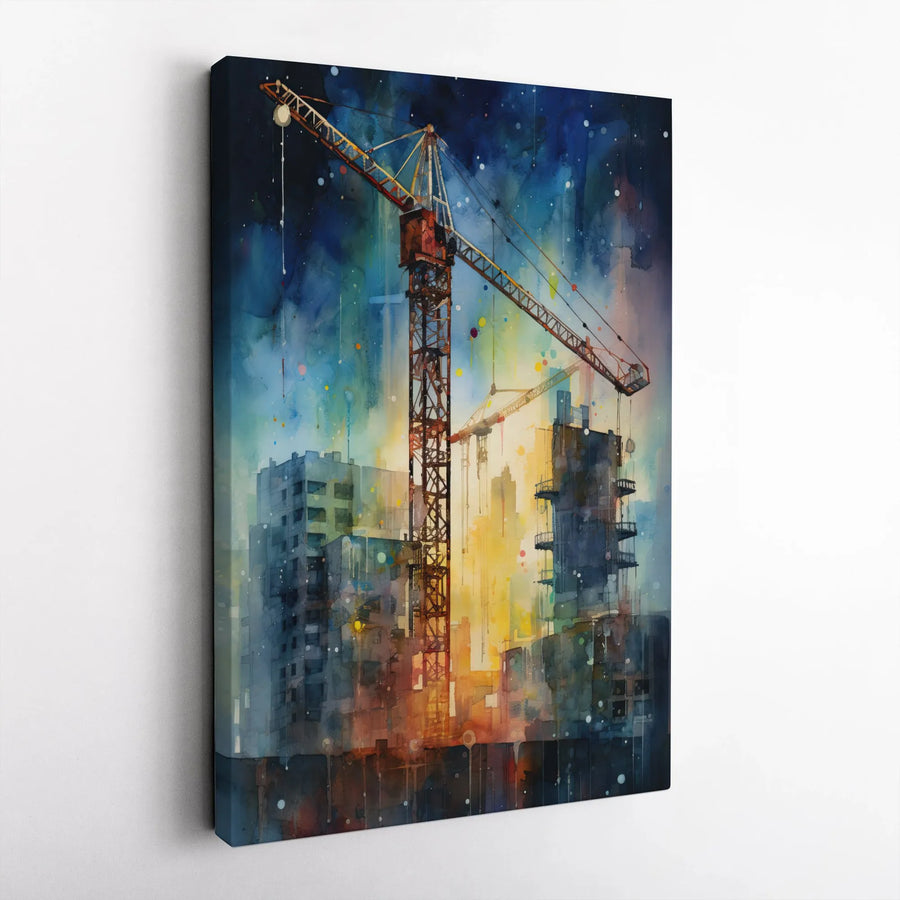 Construction Crane Canvas Art | Abstract Cityscape Painting Print | Premium Gallery Wrap Wall Decor | Industrial Home Office Gift