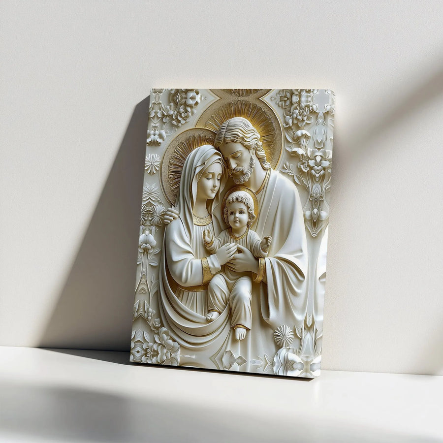 Holy Family Canvas Wall Art | 3D Relief Style Religious Print | Premium Gallery Wrapped Canvas | Christian Home Decor Gift