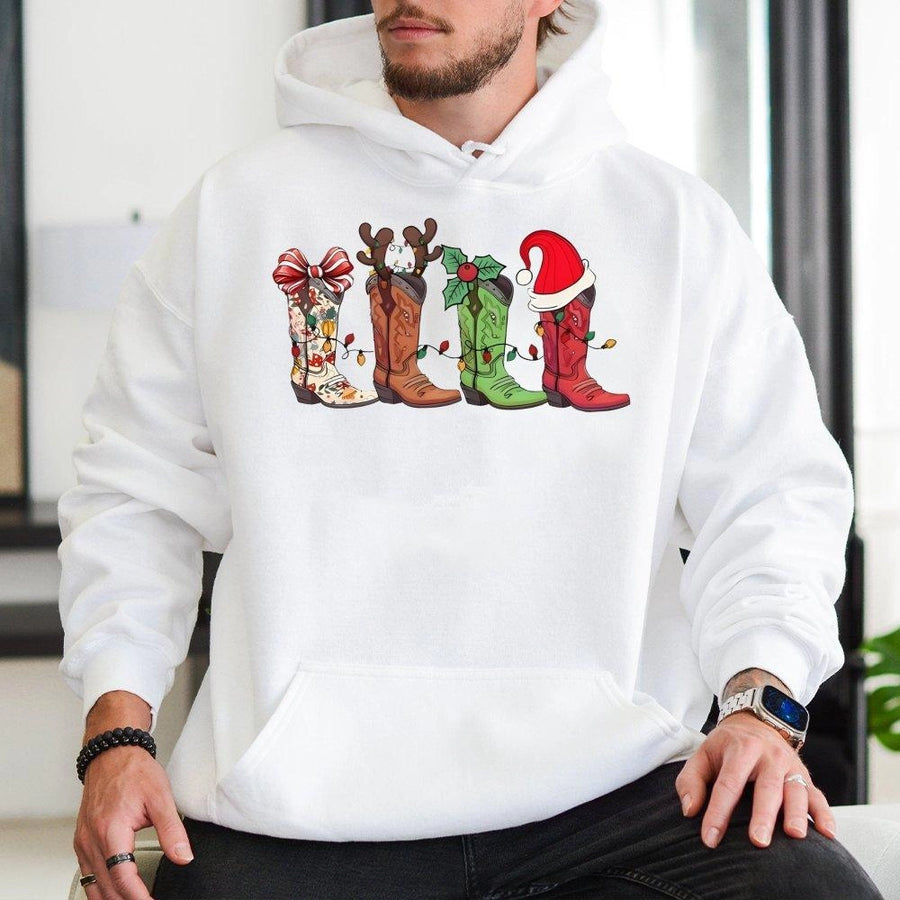 Western Christmas Hoodie | Cowboy Boot Holiday Graphic | Premium Cotton Blend | Cowgirl Country Winter Gift for Her