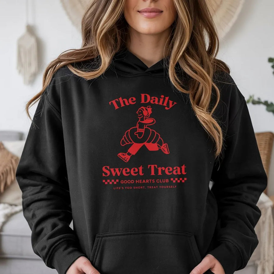 Sweet Treat Graphic Hoodie | Retro Croissant Good Hearts Club Print | Soft 100% Cotton | Gift for Foodies and Bakers
