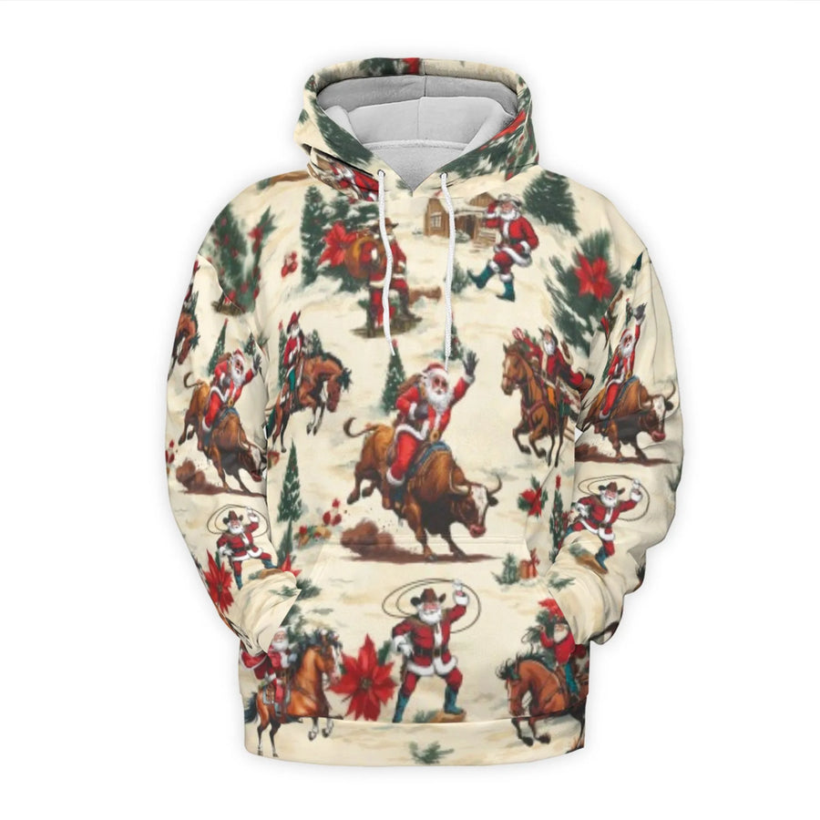 Western Cowboy Santa Hoodie | Bull Riding Christmas Design | Soft Brushed Fleece Polyester | Unisex Holiday Gift for Rodeo Lovers