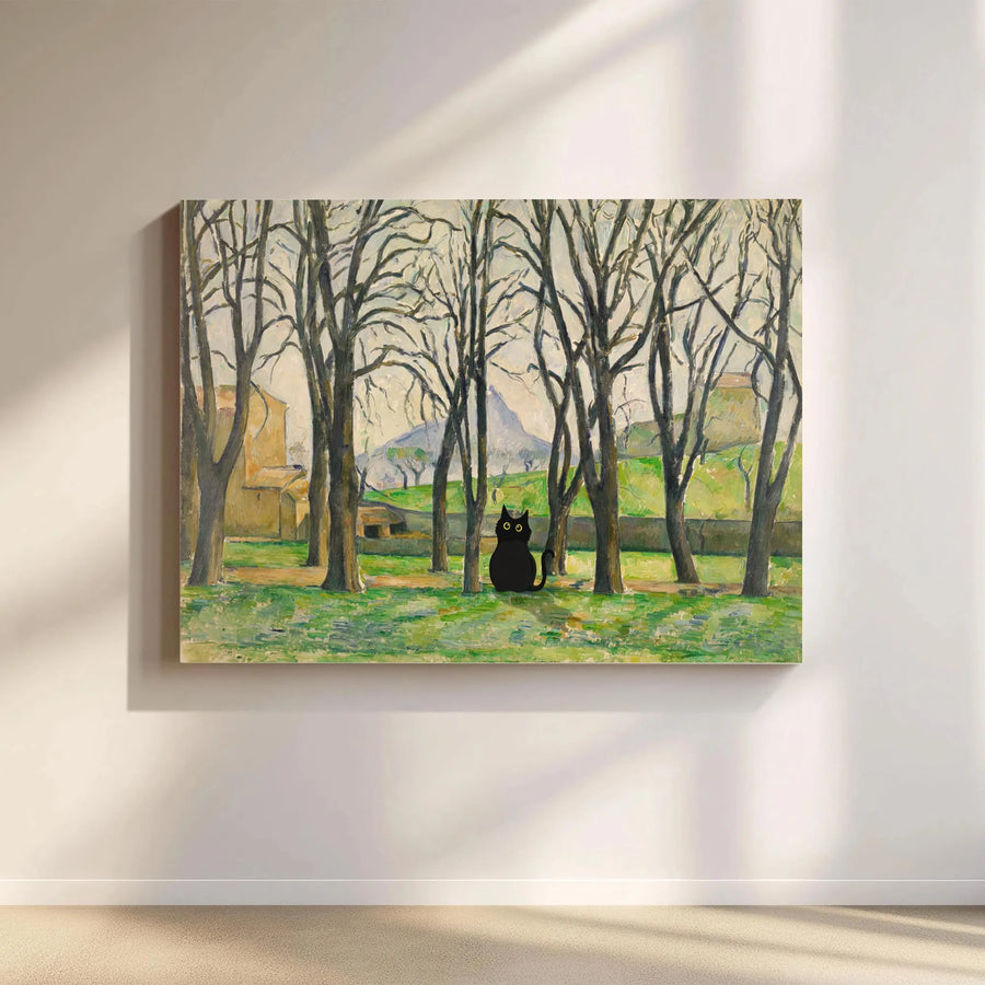 Black Cat Wall Art | Cézanne Landscape Painting Print | Premium Gallery Wrap Canvas | Whimsical Home Decor Gift for Cat Lovers