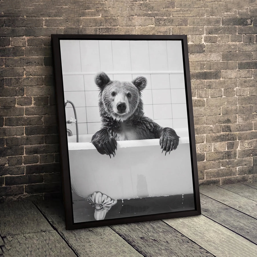 Bear in Bathtub Wall Art | Funny Animal Portrait Photography | Premium 1.25-Inch Gallery Wrapped Canvas | Whimsical Bathroom Decor