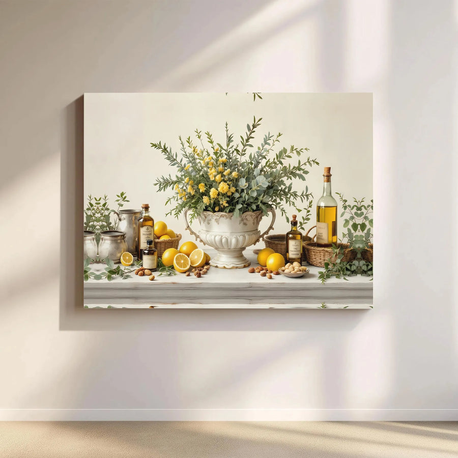Lemon and Floral Still Life Canvas Print | Rustic Mediterranean Kitchen Art | Premium Fade-Resistant Print | Farmhouse Kitchen Wall Decor Gift