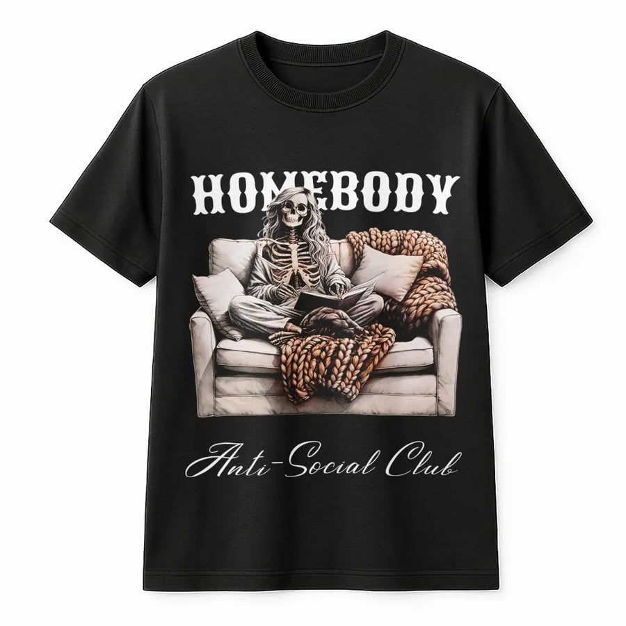Homebody Skeleton T-Shirt | Cozy Reading Book Lover Graphic | Premium Soft Cotton Tee | Funny Introvert Gift for Women and Men