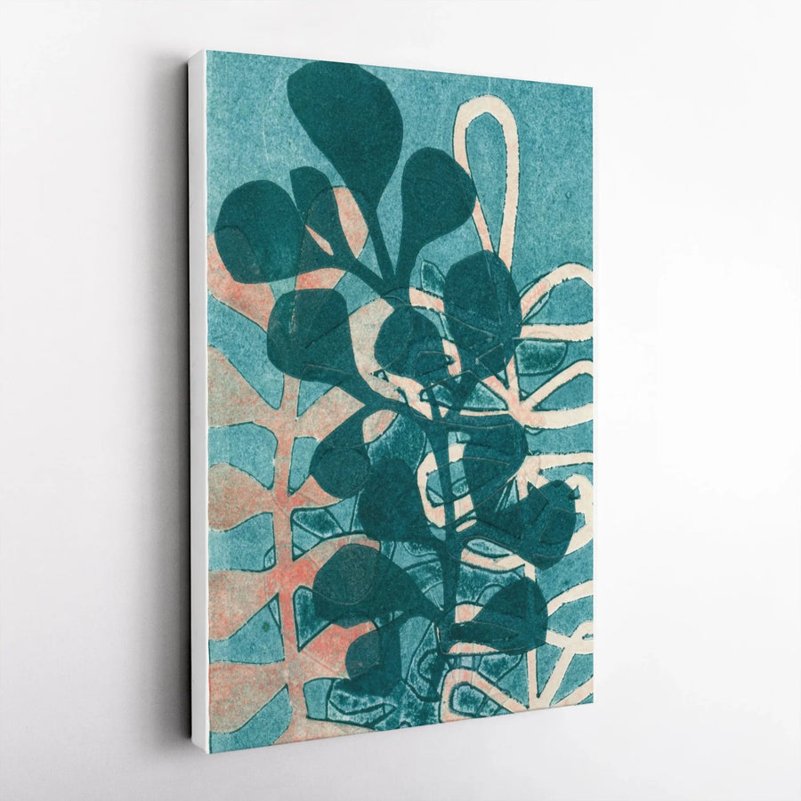 Abstract Botanical Vertical Canvas | Teal Linocut Style Leaf Print | Premium Thick Gallery Wall Art | Modern Minimalist Home Decor Gift