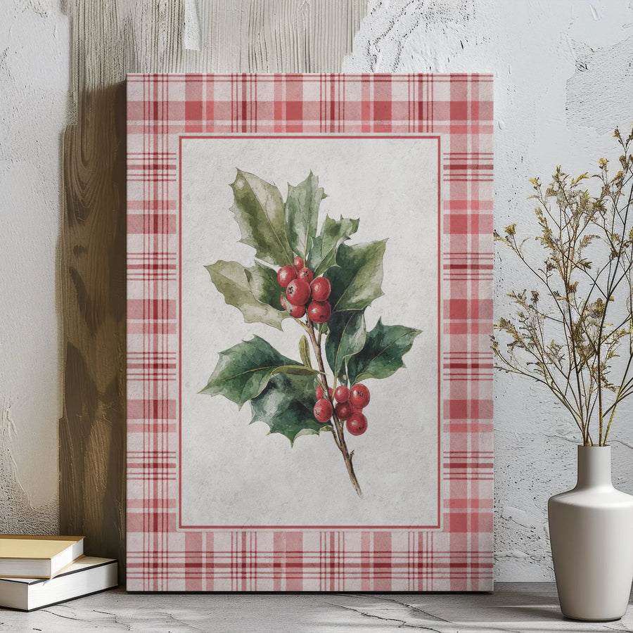 Christmas Holly Canvas Wall Art | Watercolor Berries Red Plaid Border | Premium Gallery Wrap Print | Festive Holiday Home Decor Gift