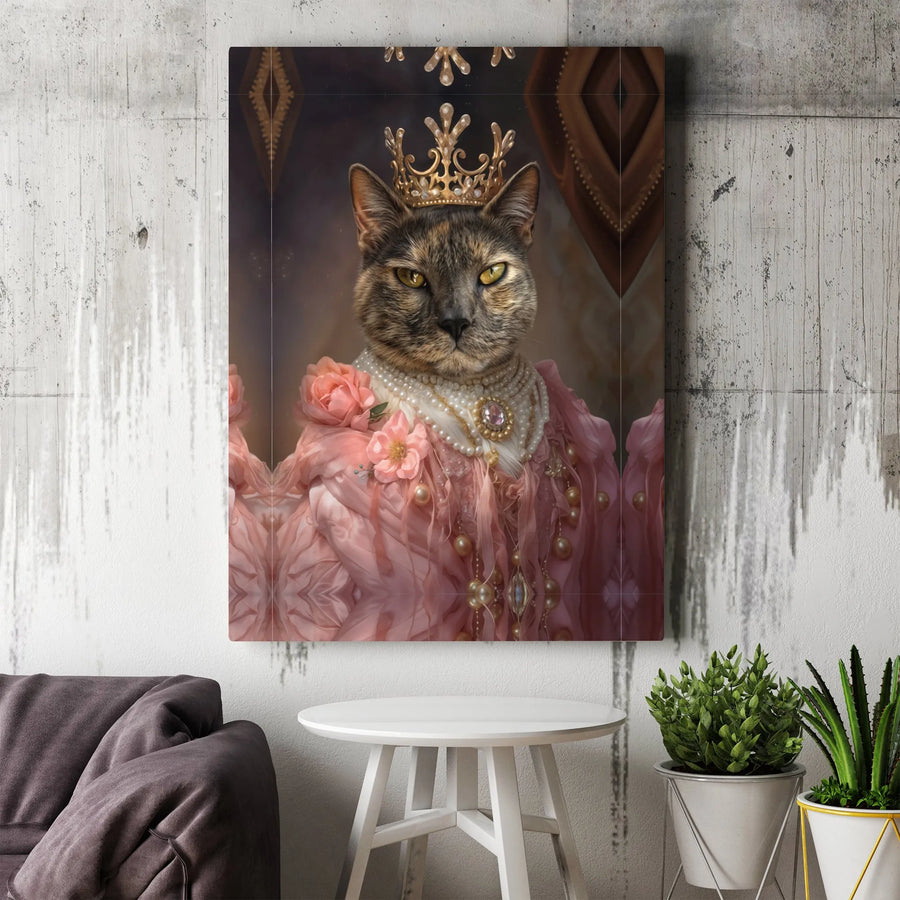 Regal Cat Queen Wall Art | Tortoiseshell Cat in Pink Gown Crown Portrait | Premium Gallery-Wrapped Canvas | Whimsical Pet Lover Gift Decor