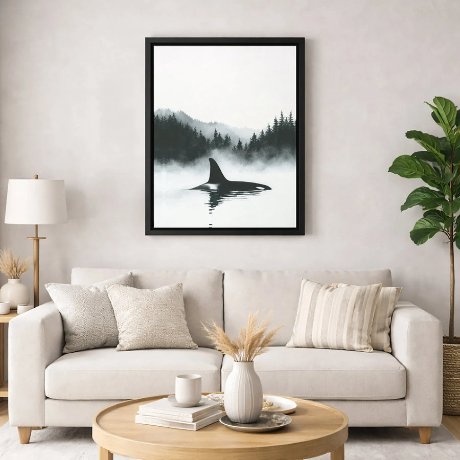 Orca Wall Art | Minimalist Foggy Pine Forest Landscape | Premium Gallery Canvas | Nature Lover Home Decor Gift