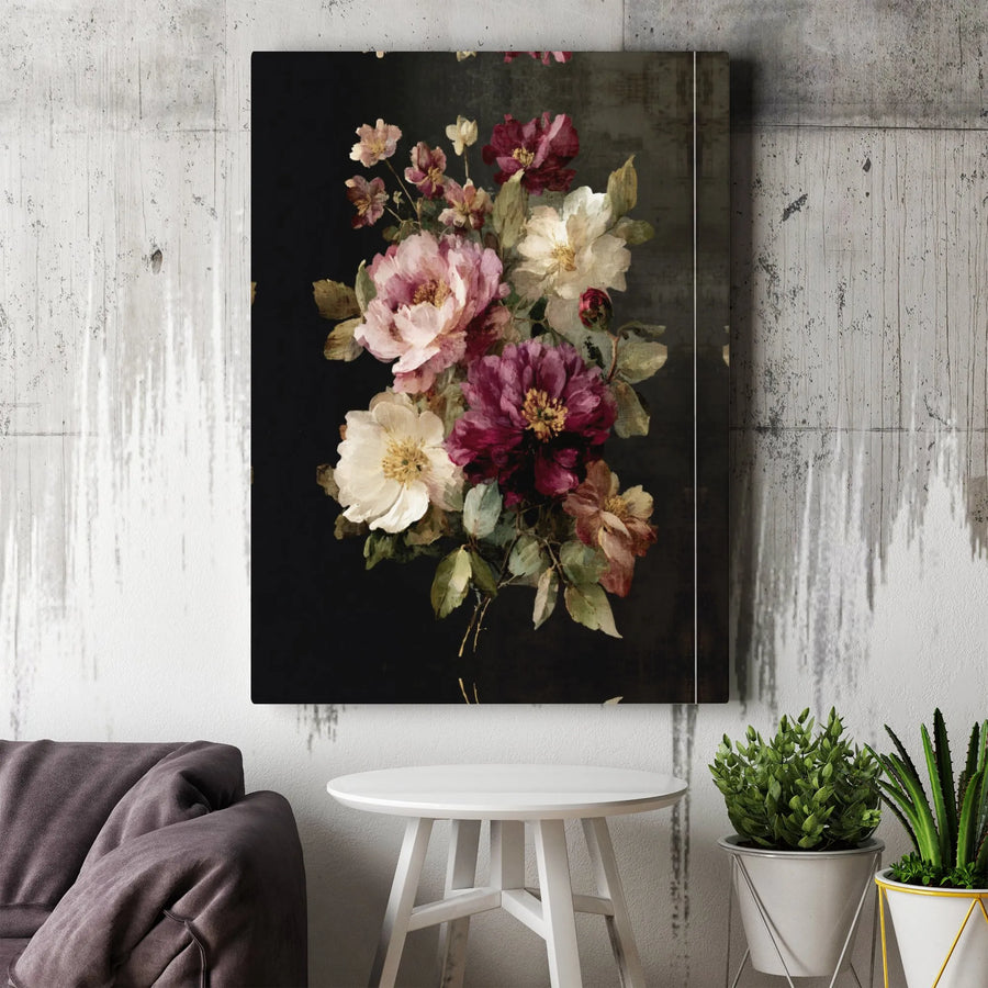 Moody Floral Wall Art Canvas | Vintage Peony Bouquet Painting | Premium Gallery Wrapped Decor | Sophisticated Home Office Aesthetic Gift