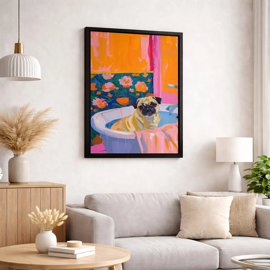 Pug In Bathtub Canvas Art | Colorful Impressionist Dog Portrait | 1.25 Inch Premium Gallery Wrap | Whimsical Animal Home Decor Gift