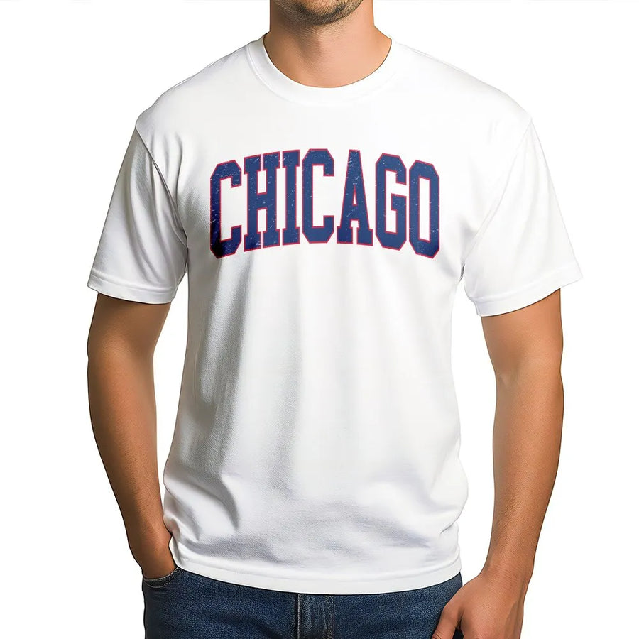Vintage Chicago T-Shirt | Distressed Varsity Font Crewneck | Soft Cotton Blend Pullover | Illinois Souvenir Gift for Men and Women