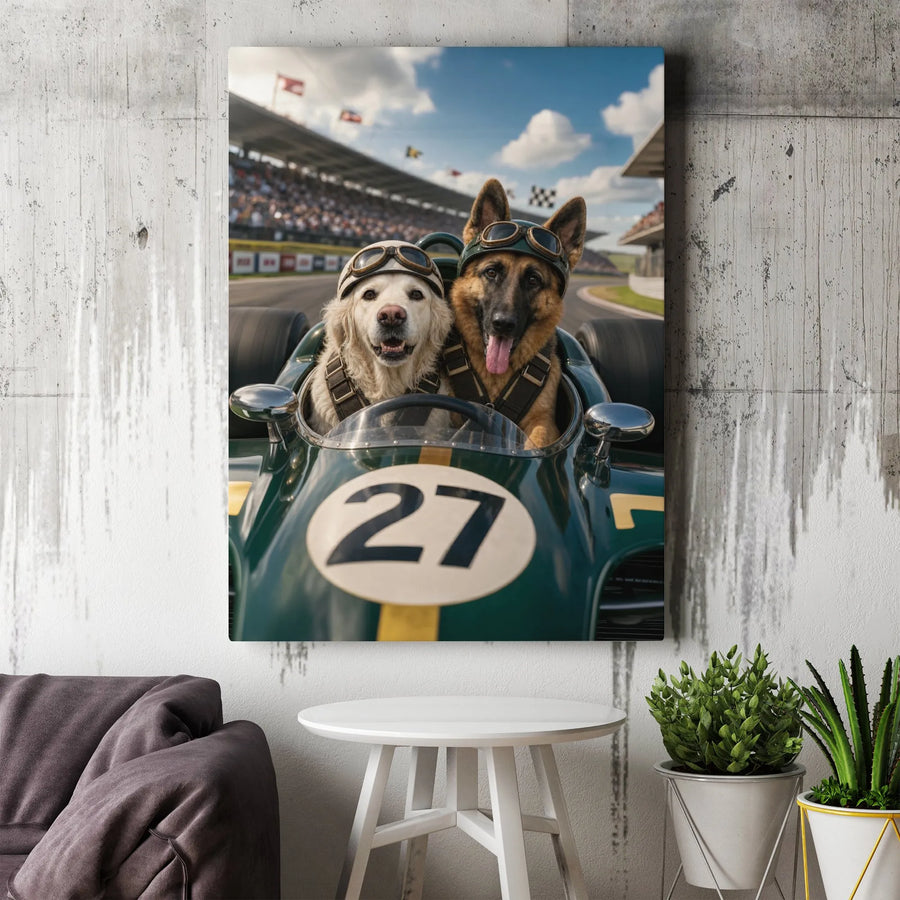Funny Dogs in Vintage Race Car Vertical Canvas | German Shepherd & Golden Retriever Wall Art | Premium 1.25” Gallery Wrap | Cool Gift for Dog Lovers & Racing Fans
