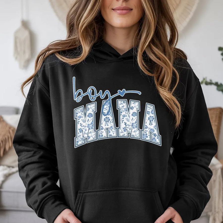 Boy Mama Hoodie | Blue Floral Varsity Lettering | Premium Cotton Blend | Thoughtful Gift for Mom and New Mothers