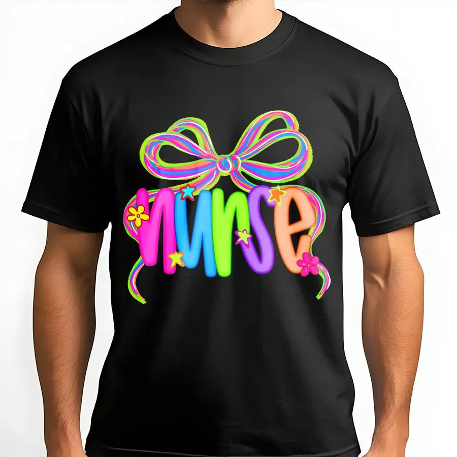 Coquette Nurse T-Shirt | Neon Bow Graphic Nursing Life Tee | Premium Soft Cotton | Gift for RN, CNA, NICU Nurses