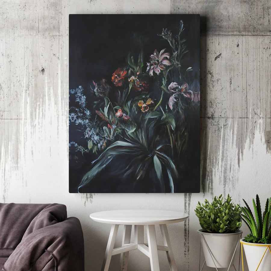 Dark Moody Floral Bouquet Canvas Print | Still Life Oil Painting Style | 1.25-Inch Premium Gallery Profile | Elegant Home & Office Wall Decor