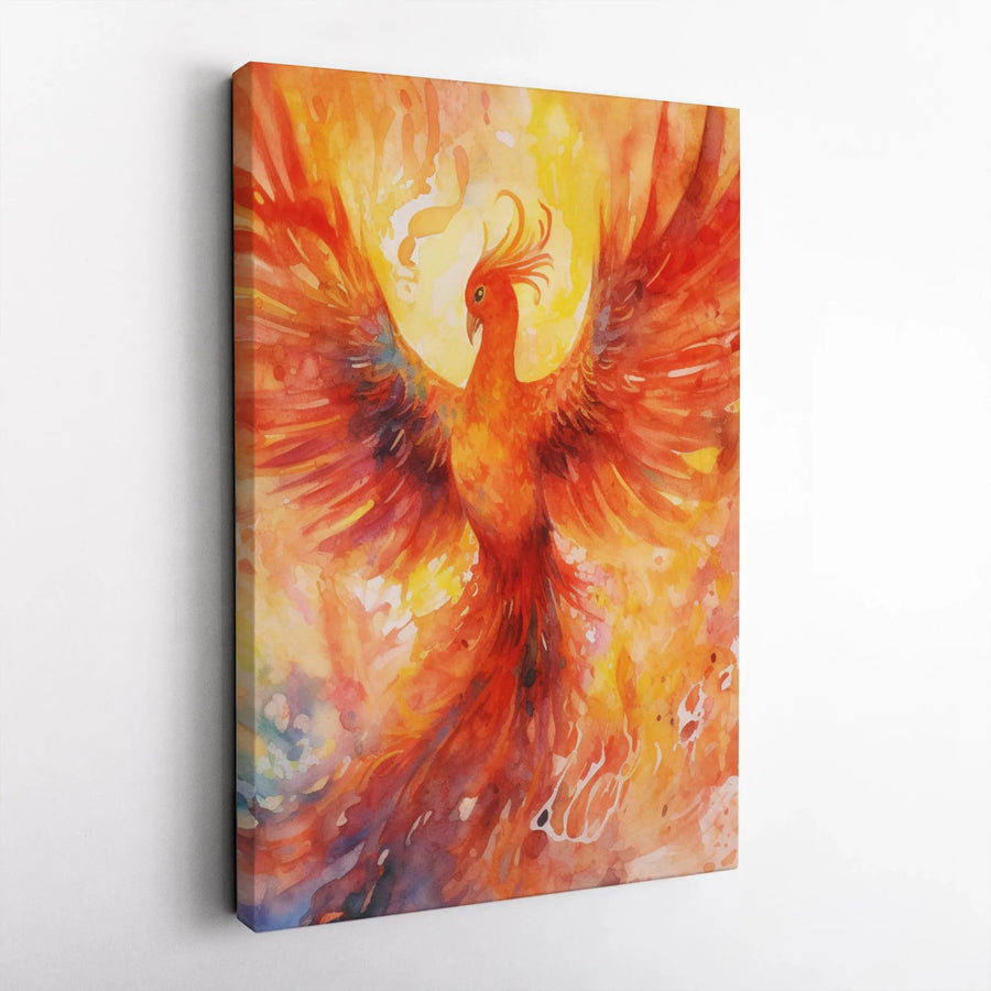 Fiery Phoenix Rising Canvas Wall Art | Abstract Watercolor Bird Print | Premium 1.25-Inch Gallery Wrap | Mythical Home Decor Gift
