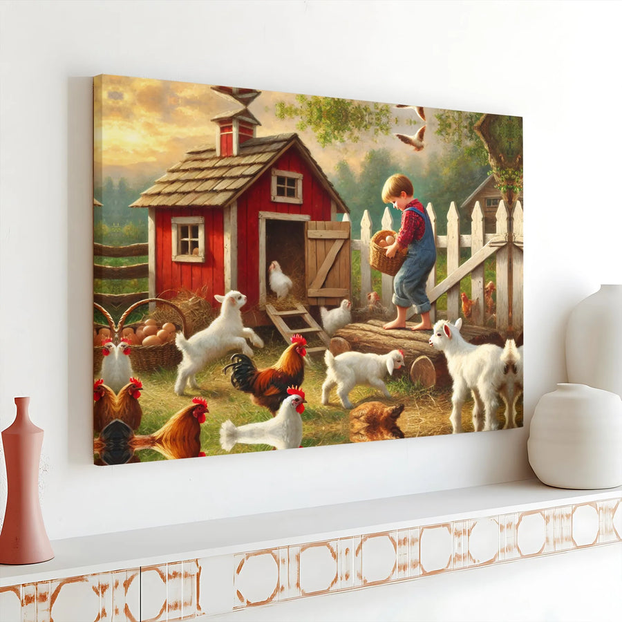 Farm Life Canvas Print | Rustic Country Boy with Baby Goats and Chickens | 1.25 Inch Gallery Wrap | Charming Nursery or Kitchen Wall Decor