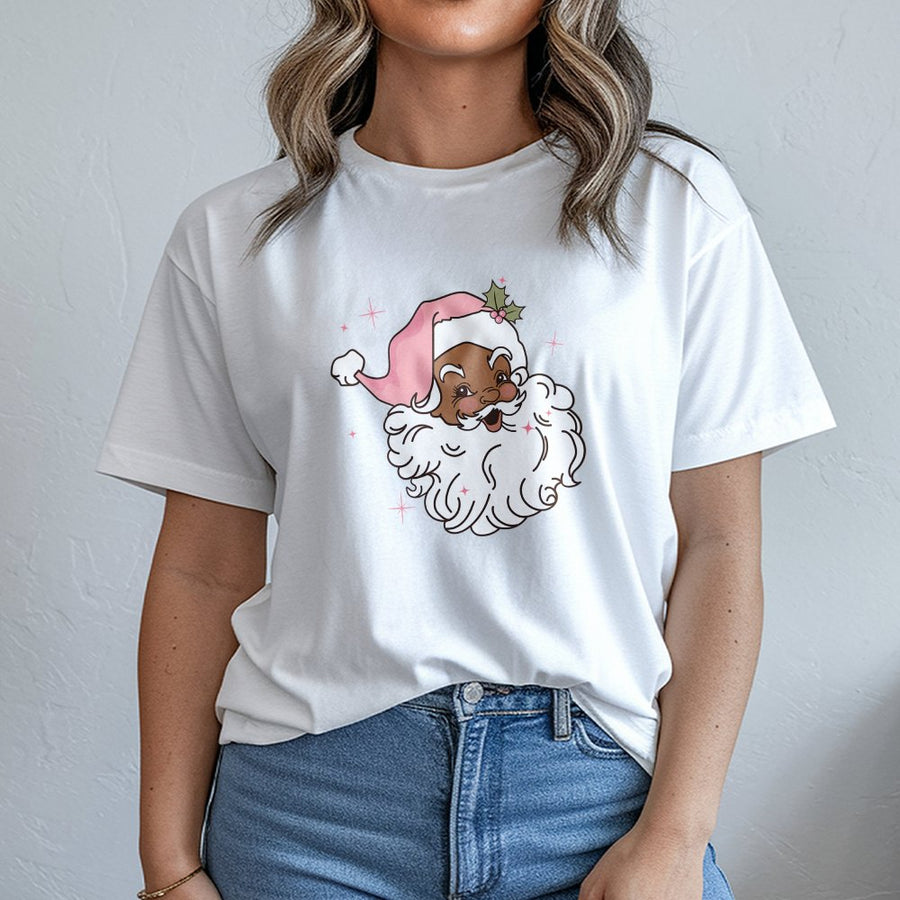 Black Santa T-Shirt | Retro Pink Hat Christmas Graphic | Premium 100% Cotton Tee | Inclusive Holiday Gift for Women and Men