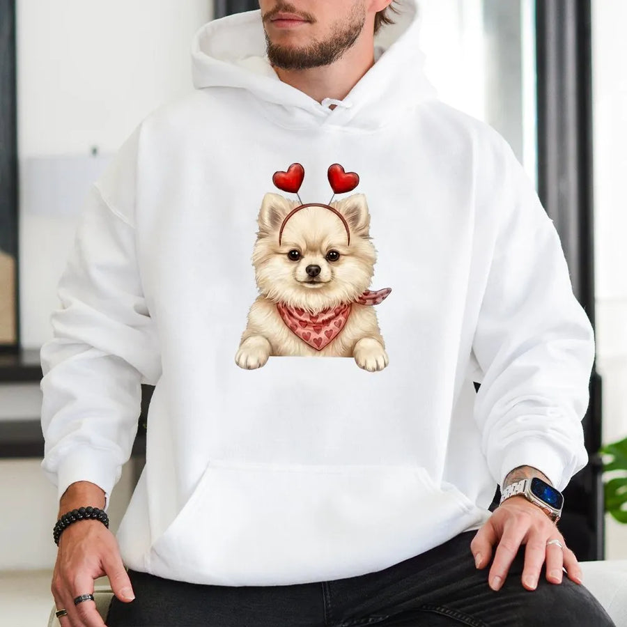 Pomeranian Valentine Hoodie | Cute Dog Heart Headband Graphic | Premium Cotton Blend | Romantic Dog Mom Gift For Her