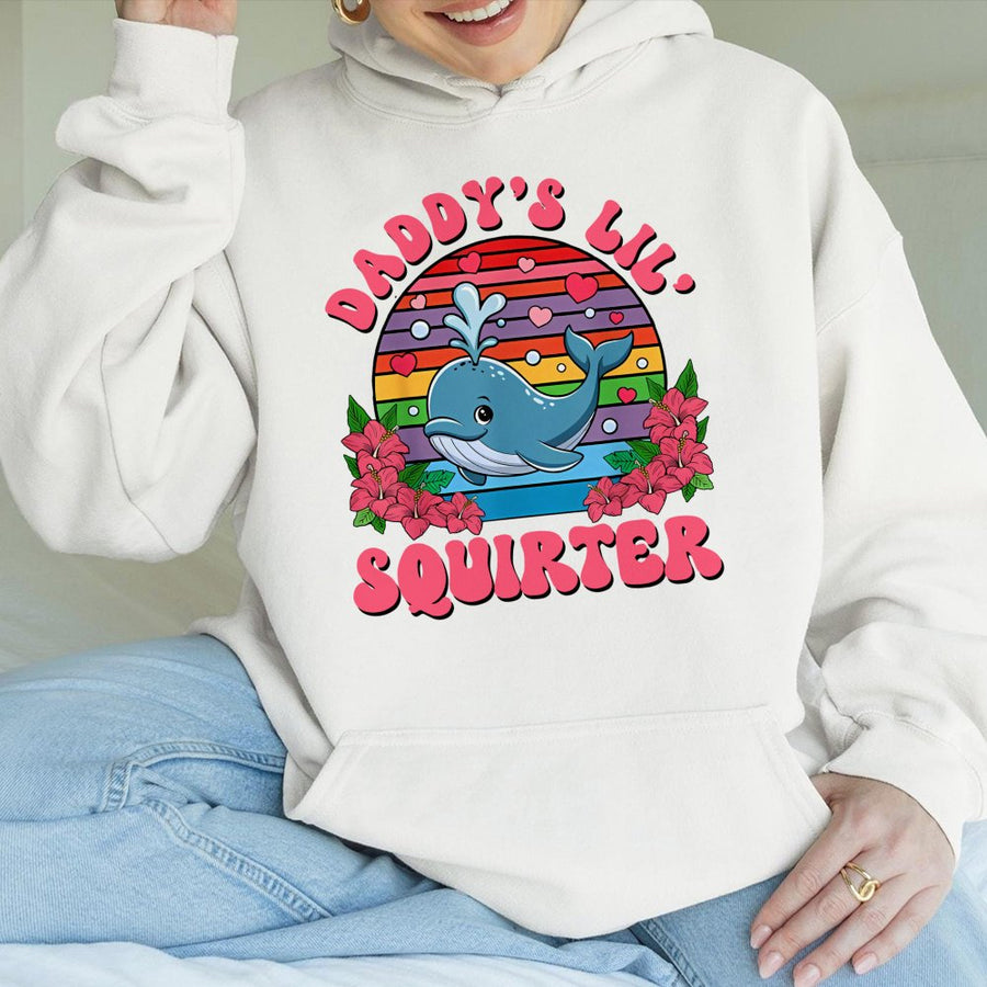 Daddy's Lil Squirter Hoodie | Funny Whale Retro Graphic Design | Premium Cotton-Poly Blend | Edgy Adult Humor Gift For Women And Men