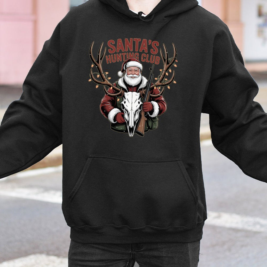 Santa Hunting Club Hoodie | Funny Christmas Deer Skull Graphic | Premium Cotton Blend | Gift for Hunters and Outdoorsmen
