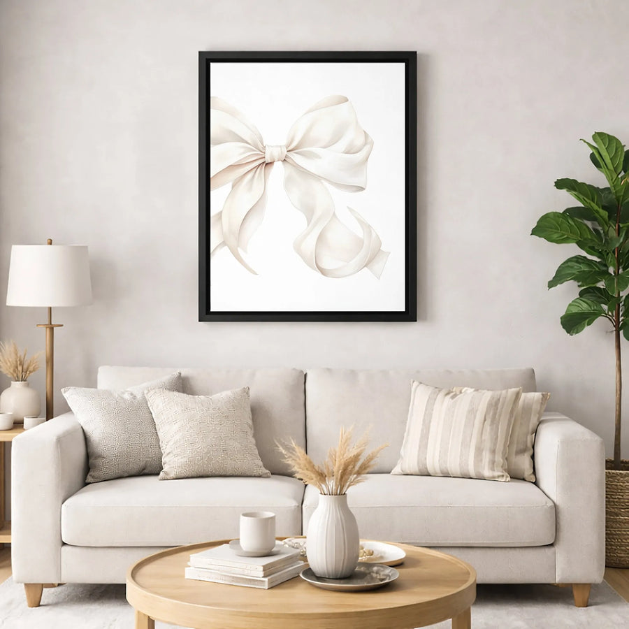 Cream Bow Canvas Wall Art | Watercolor Ribbon Minimalist Print | Premium Gallery Wrap Decor | Aesthetic Neutral Home Gift